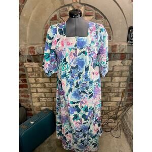 house dress floral pocket zip front purple pink green white